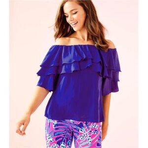Lilly Pulitzer Haylee Ruffle Off The Shoulder Blouse Royal Purple NEW Size XXS